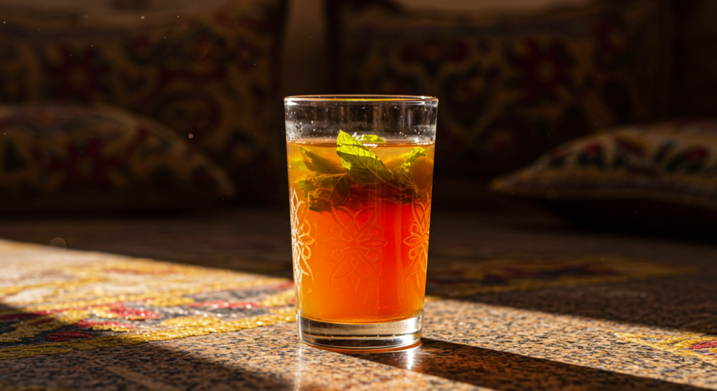 A beautifully presented glass of Moroccan mint tea with a sprig of mint